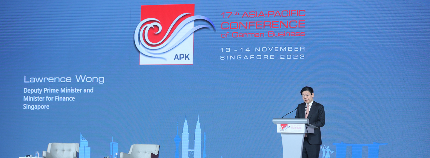 Lawrence Wong at podium for 17th Asia-Pacific Conference of German Business.